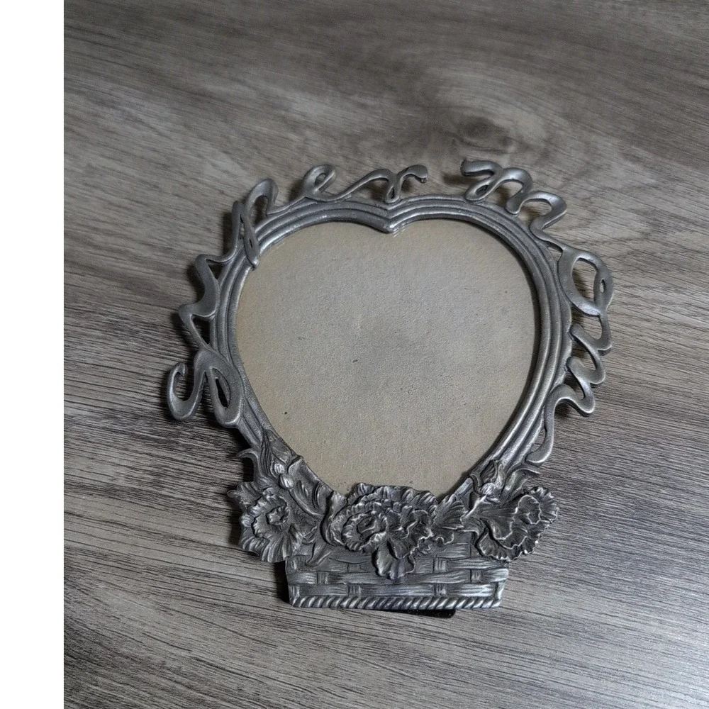 Vintage Heart Pewter Metal Floral Basket 'Super Mom' Script Picture Frame by SUN